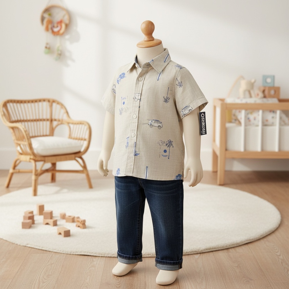 Kids Outfit Beige and Blue Button Up Shirt and Jeans Size 2T